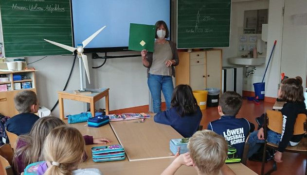 Christine Brombacher erklärt SchülerInnen die Flächeneffizienz von Windkraftanlagen