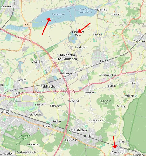 Karte des Gebiets von Zorneding bis zum Speichersee